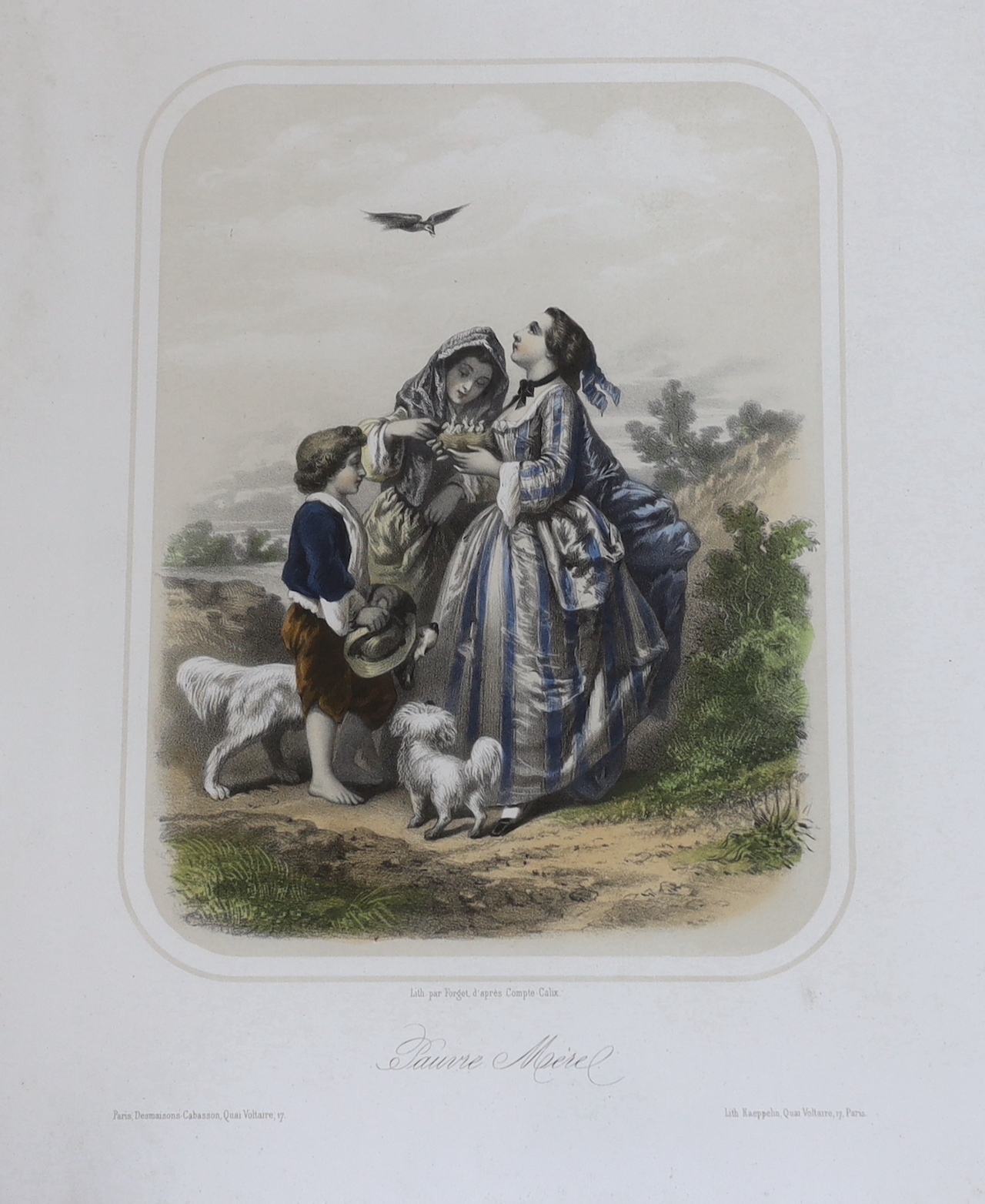 Pair of 19th century French hand coloured lithographs, Pauvres Petits & Pauvre Mère, 41 x 33cm